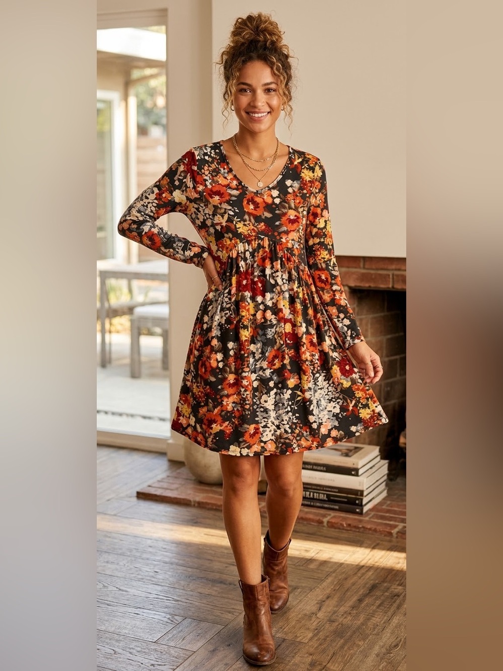 Floral Long-Sleeve Swing Dress - Black Multi